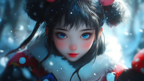 Snow-lit anime portrait uses shallow depth, subsurface glow, bokeh