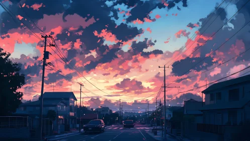 Suburban Japanese street under saturated sunset cumulonimbus sky