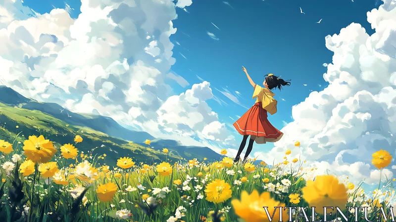 Girl in red dress celebrates freedom in a sunny flower field