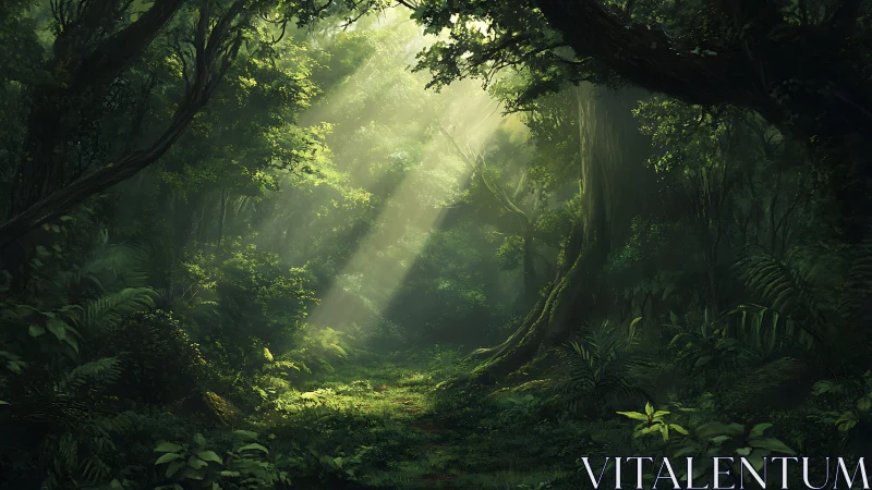 Ancient Forest Cathedral with Celestial Luminescence Through Towering Canopy