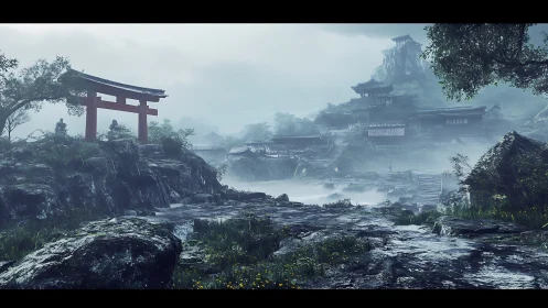 Misty Japanese shrine landscape with red torii gate.