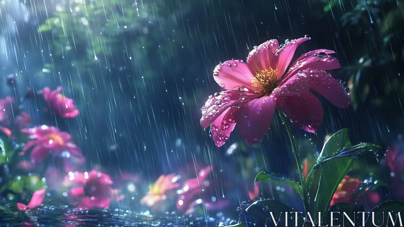 Rainlit pink blossom standing proud in a silver storm.