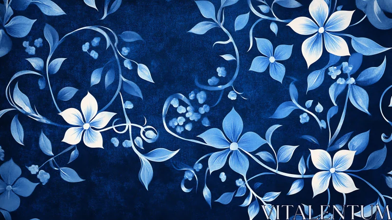 Blue Floral Pattern Design with Ornamental Vines