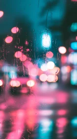Rain streaks cover glass as neon city lights blur behind