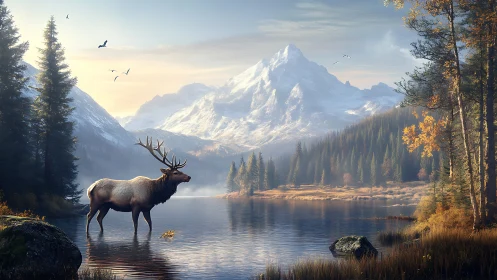 Majestic elk stands in alpine lake before snowbound mountains