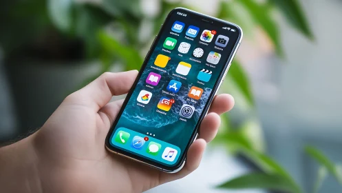 iPhone Home Screen with App Icons and Nature Background.