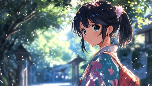 Girl in patterned kimono stands in sunlit outdoor walkway
