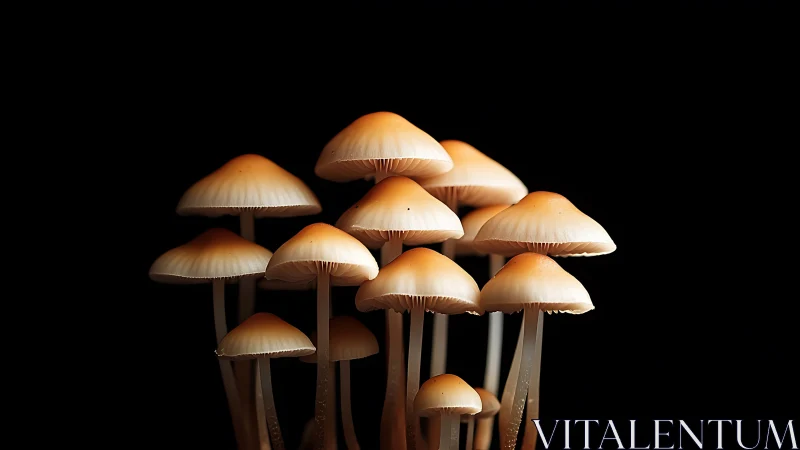 Cluster of tan mushrooms stands sharply lit against black
