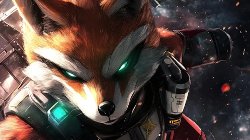 Cybernetic fox pilot charges through burning starfield.