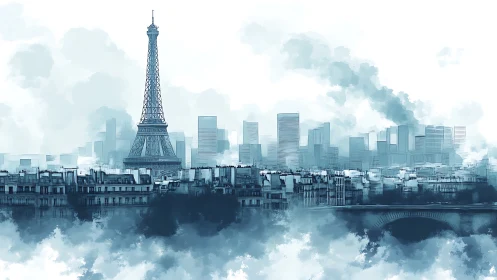 Eiffel Tower dominates misty Paris skyline in monochrome wash