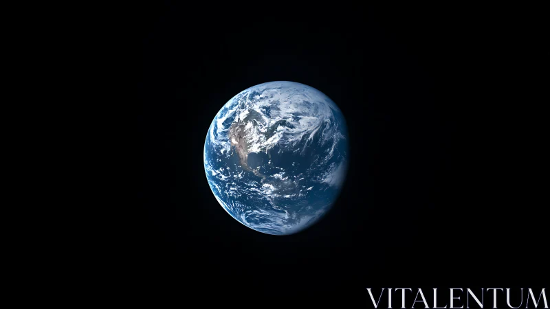 Earth floats in deep space, blue oceans dominate view.