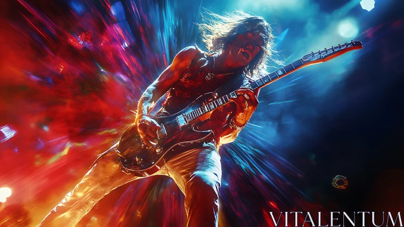 Dynamic photorealistic rock guitarist in radial light burst.