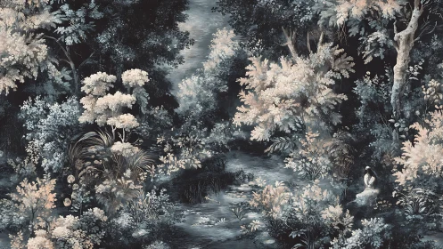 Moonlit Forest Stream with Ethereal Floral Canopy