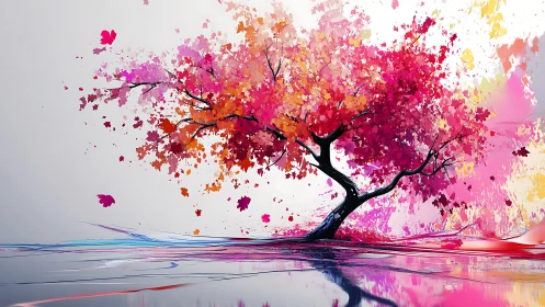 Vibrant abstract tree explodes in chromatic leaf dispersion