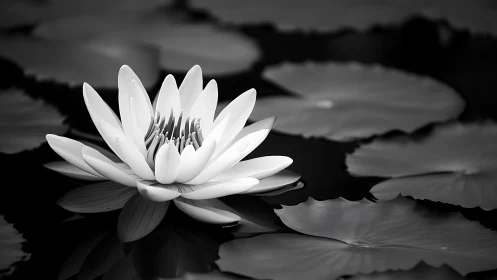 Gentle water lily resting in calm monochrome waters.