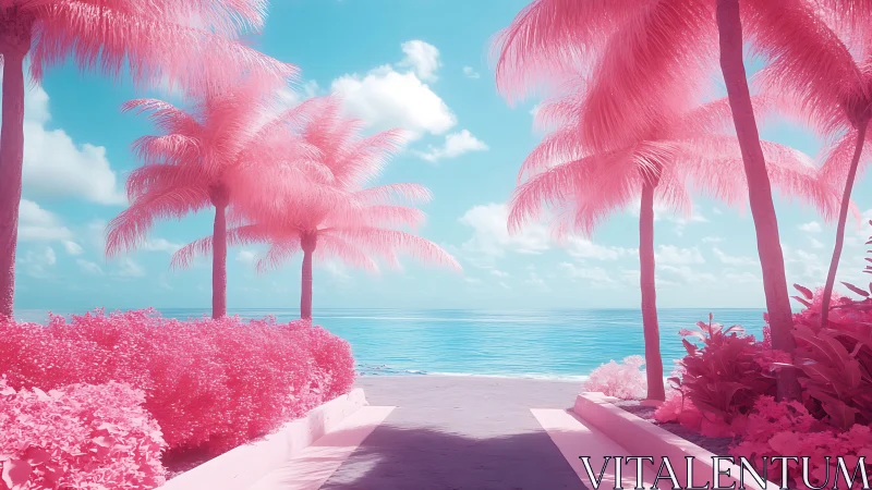 Dreamlike pink palm avenue opening to cyan ocean horizon.