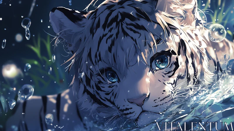 White tiger cub immersed in luminous night water scene.