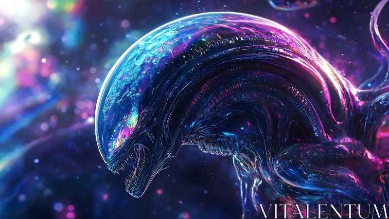 Bioluminescent alien predator under iridescent cosmic light.