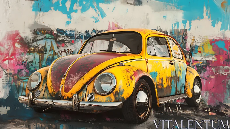 Vintage Beetle parked amid bold urban graffiti art.