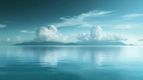 Tranquil turquoise seascape with distant misty islands.