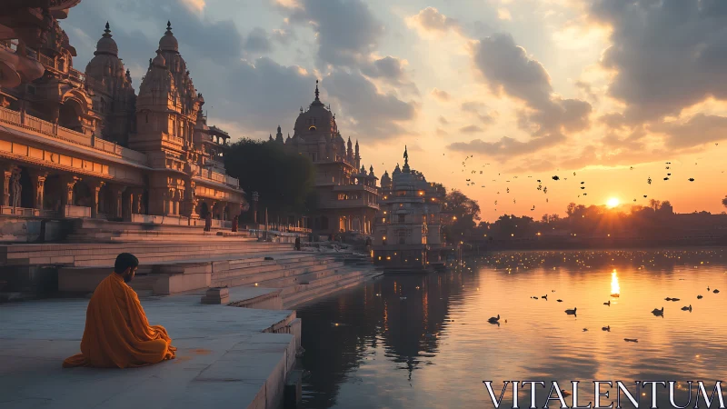 Monk meditates beside riverside temple at glowing sunset