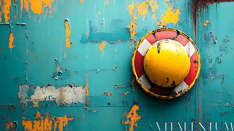 Rust-kissed teal wall crowns a bold yellow lifebuoy circle