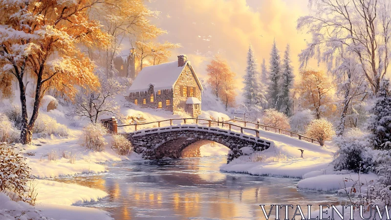 Golden hush over snowlit cottage bridge at winter dusk.