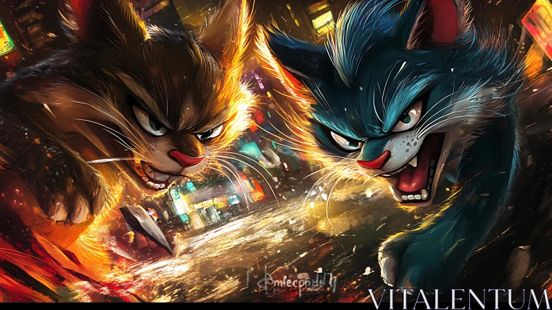 Dueling Anthomorphic Felines with Luminescent Energy Manifestations.