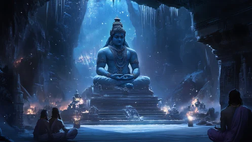 Majestic ice-lit deity statue presides over cavern temple.