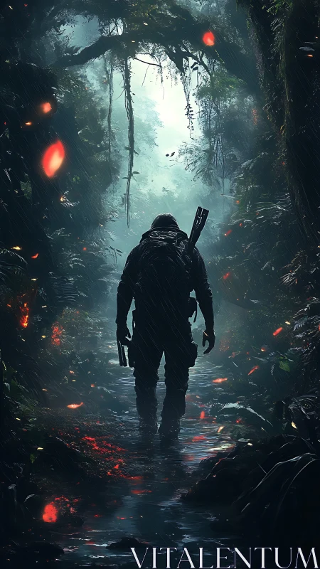 Lone armed explorer advances through a storm-lit jungle corridor.