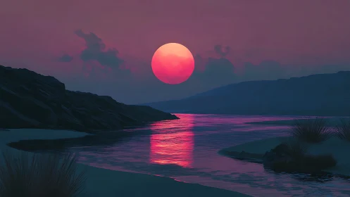 Digital coastal landscape depicts low sun over reflective water