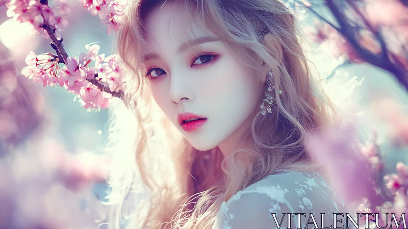 Blossom-veiled muse gazes through pastel spring reverie.