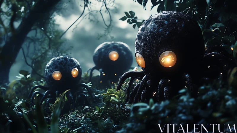 Glow-Eyed Forest Cephalopods On A Midnight Lantern Patrol.