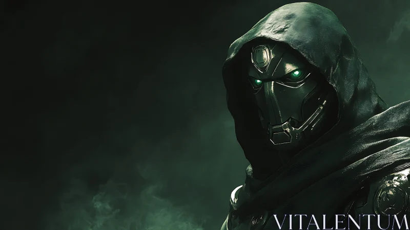 Hooded cybernetic warrior with glowing emerald eyes
