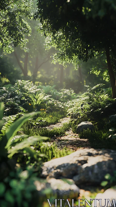 Dappled sunlight filters through dense forest canopy illuminating moss-covered pathways.