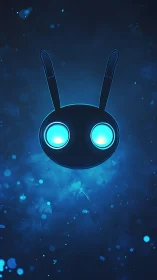 Glowing blue robot face with antennae floats in dark space