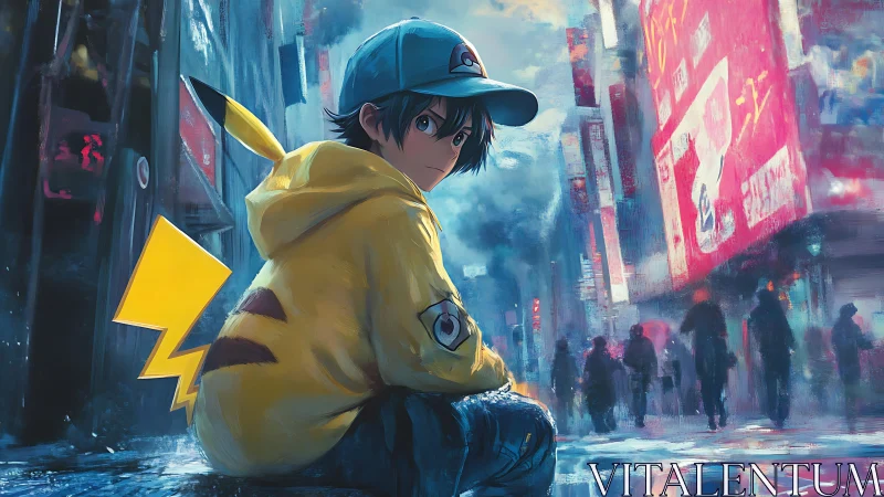 Young trainer rests in neon city streets under rainy twilight
