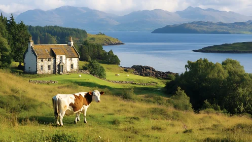 Cow stands before stone farmhouse beside tranquil loch