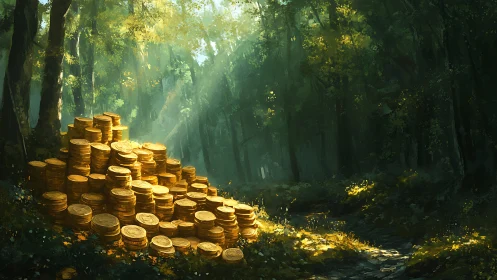 Hidden forest gold coins blaze under filtered morning light.