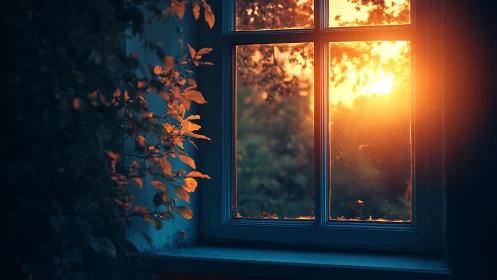 Backlit window foliage captures warm sunset diffusion and dust