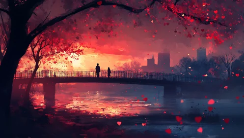 Romantic Urban Sunset with Heart-Shaped Petals.