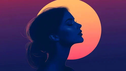 Profile silhouette of woman against gradient sun circle.