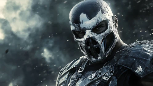 Armored skull-masked warrior emerges through stormy chaos.