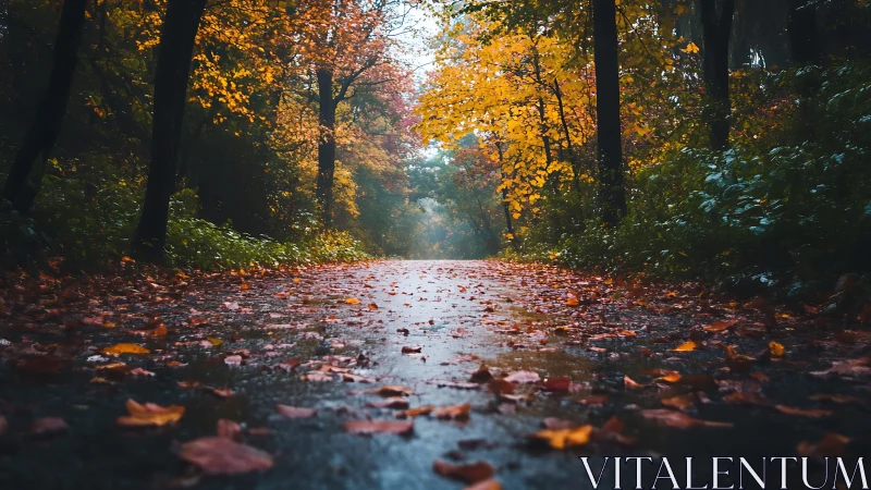 Low-angle wet forest path captures saturated autumn foliage depth