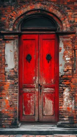 Weathered red double door set in old brick archway
