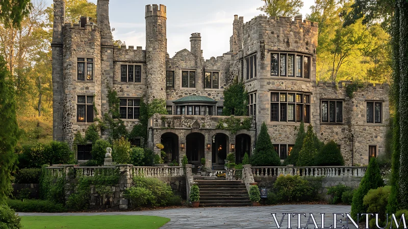 Stone castle-style manor with towers and formal gardens.