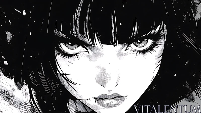 Intense monochrome anime girl portrait with fierce gaze.
