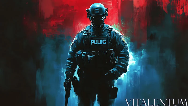 Lone tactical officer walking through red and blue mist.