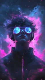 Neon-lit cyber dreamer gazes skyward in glowing cosmos haze