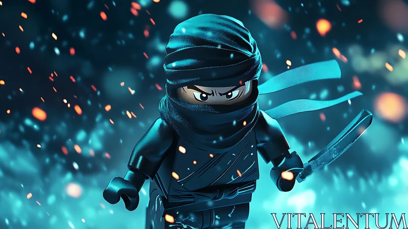 Lego-style ninja warrior in cinematic teal and ember storm.
